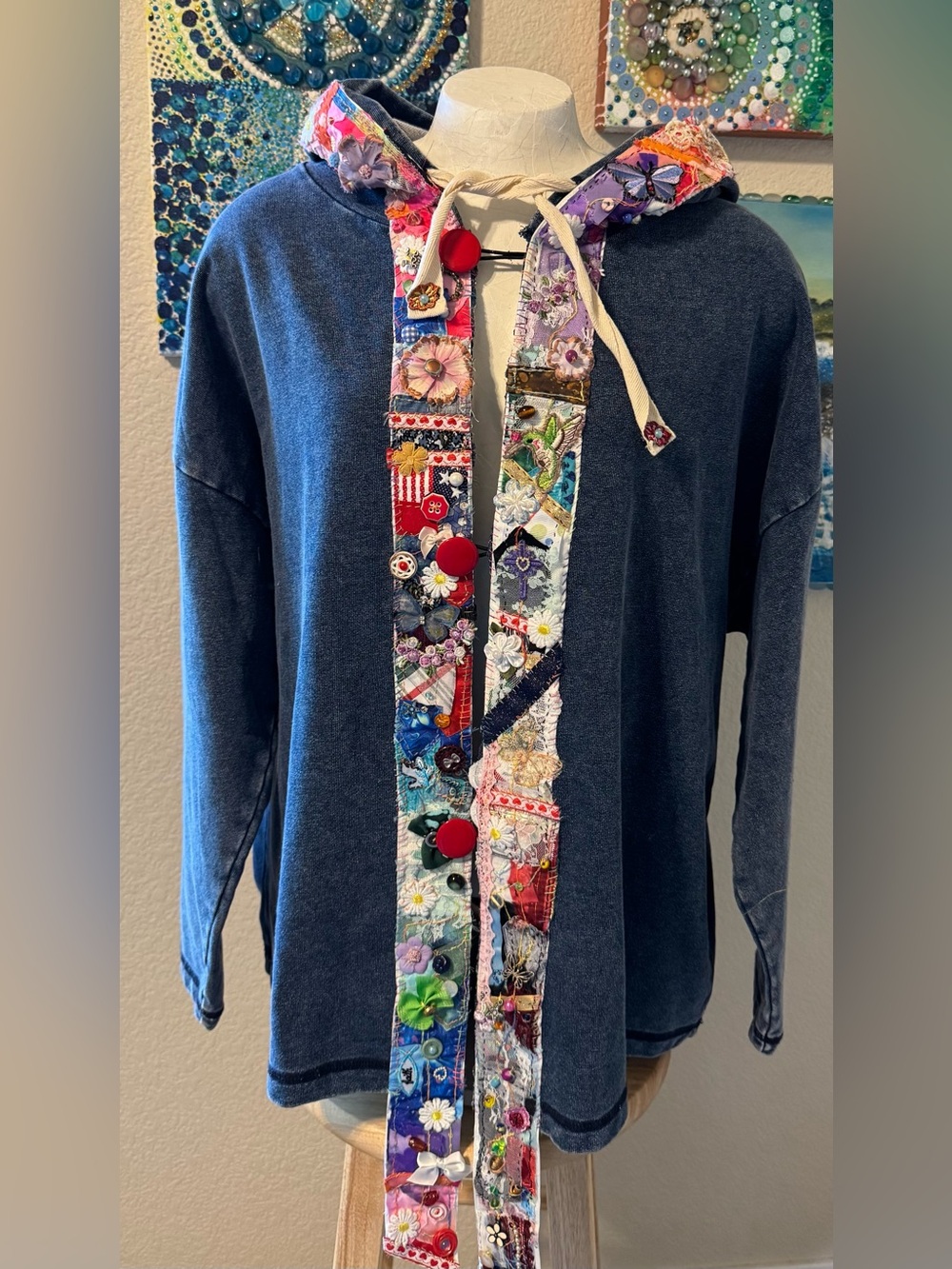 Blue Hooded Patch-Trim Jacket - Unbranded